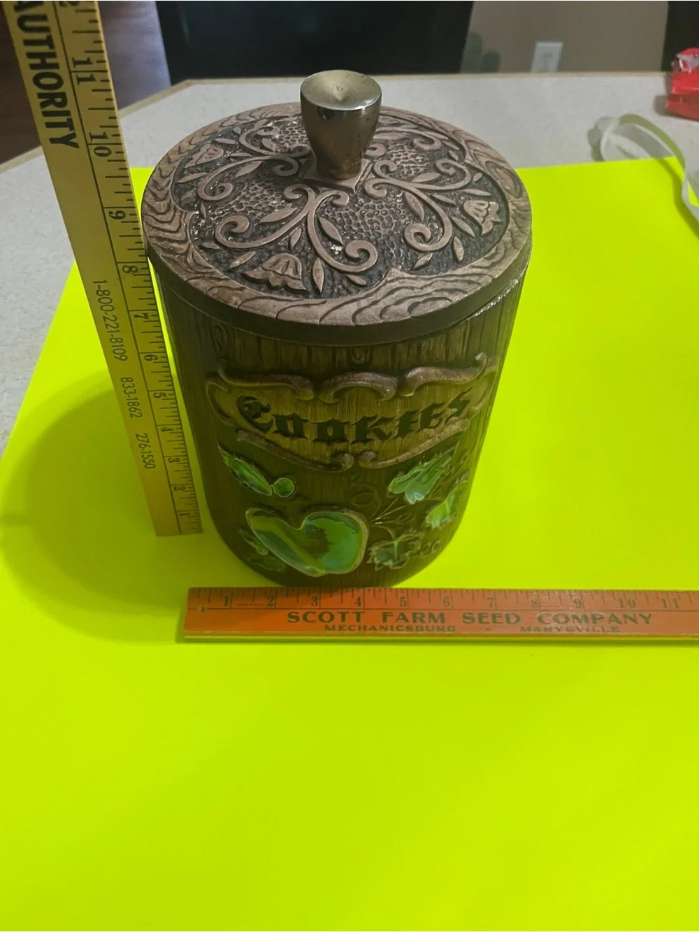 1970s Vintage-Style Green and Bronze Cookie Canister - Decorative Food Storage